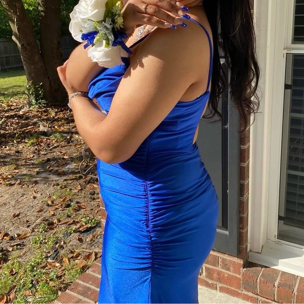 Blue Ruched Spaghetti Strap Bodycon Dress